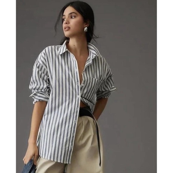 Maeve Anthropologie Blue Stripe Button Down Shirt XL Relaxed Oversized Coastal - Picture 10 of 10